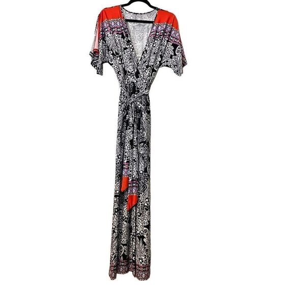 Venus Damask Surplice Split Flutter Sleeve Tie Belt Jumpsuit Multicolor Small - Picture 5 of 6